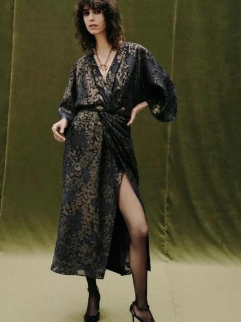 Zara Black and Gold Floral Wrap Maxi Dress